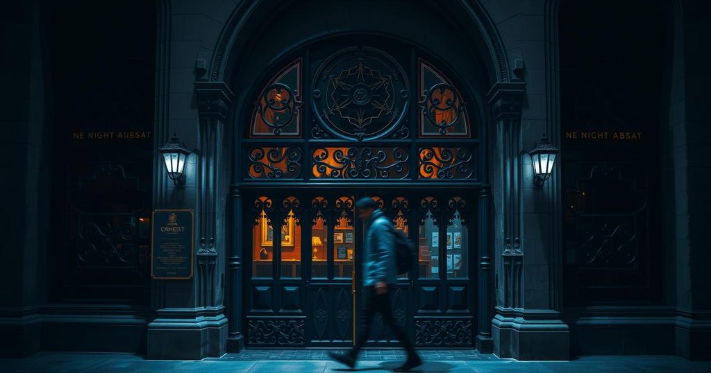 A closed nightclub entrance with a gothic design, surrounded by a dark, atmospheric setting and muted lighting.