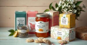 A vibrant display of artisanal food products like herb teas, honey, and flower sprinkle cookies, styled elegantly.