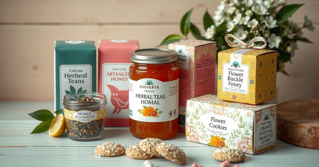 A vibrant display of artisanal food products like herb teas, honey, and flower sprinkle cookies, styled elegantly.