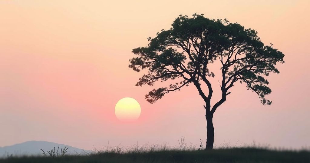 A serene landscape featuring a tree silhouette against a pastel sunset, reflecting calm and solitude.