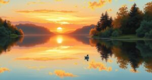 A serene landscape depicting a tranquil sunset over a calm lake, incorporating warm hues and natural beauty.