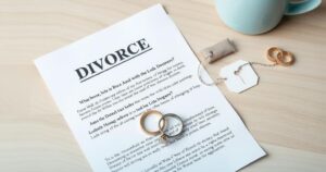 A divorce decree on a desk with wedding rings and a broken heart symbol in soft pastel colours.
