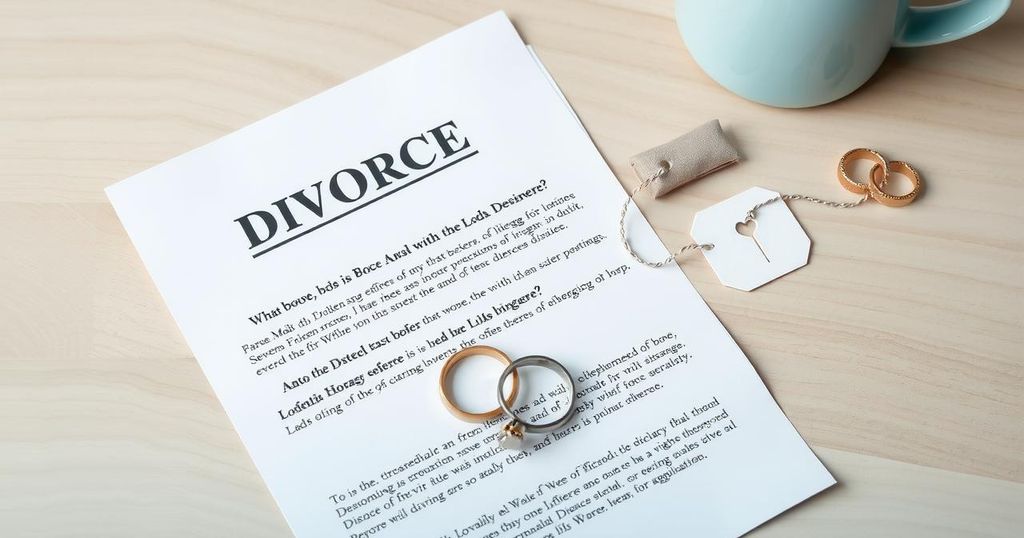 A divorce decree on a desk with wedding rings and a broken heart symbol in soft pastel colours.