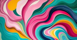 Colourful abstract artwork representing body positivity and self-love, with curves and organic shapes.