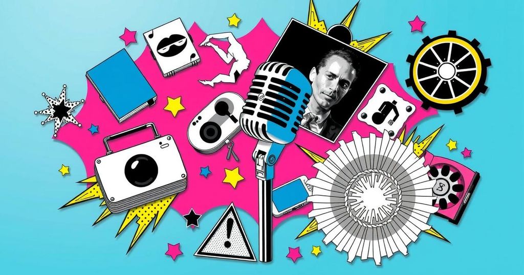 A collage depicting iconic celebrity scandals with vibrant colours and a pop art style for dramatic effect.