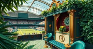 A luxurious Wimbledon scene with a grand Royal Box filled with opulent decor and lush greenery, showcasing tennis excitement.