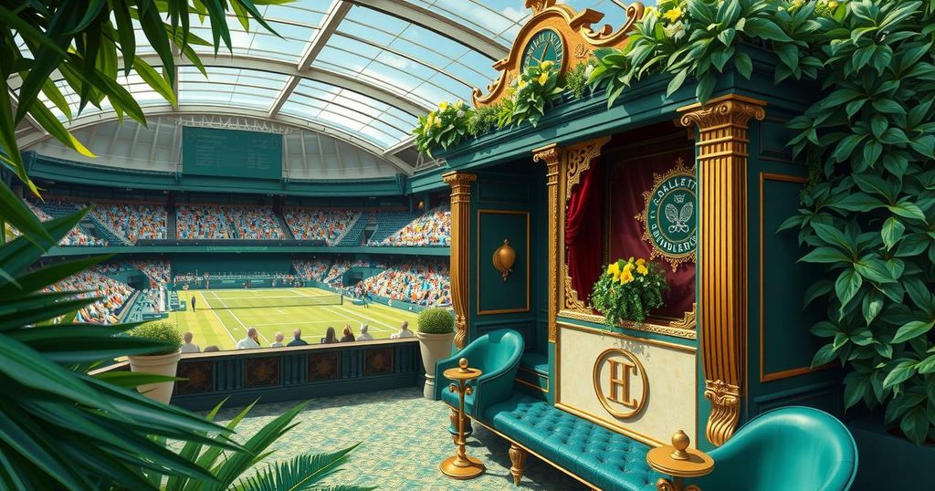 A luxurious Wimbledon scene with a grand Royal Box filled with opulent decor and lush greenery, showcasing tennis excitement.