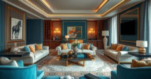 Elegant living room with designer furnishings and royal decor, showcasing luxurious lifestyle elements.