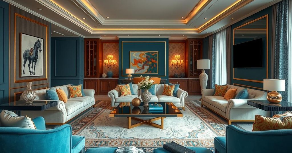 Elegant living room with designer furnishings and royal decor, showcasing luxurious lifestyle elements.