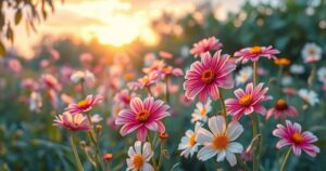 A serene landscape depicting a peaceful sunrise over a blooming garden, symbolising hope and new beginnings.