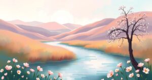 A serene landscape with calming elements symbolising healthy relationships, featuring soft pastels and soothing textures.