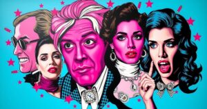 A vibrant collage showing various celebrity scandals, with abstract elements representing Hollywood glamour and drama.