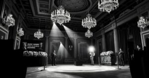 A dramatic black and white scene of a music award ceremony showcasing elegant decor and grandeur.