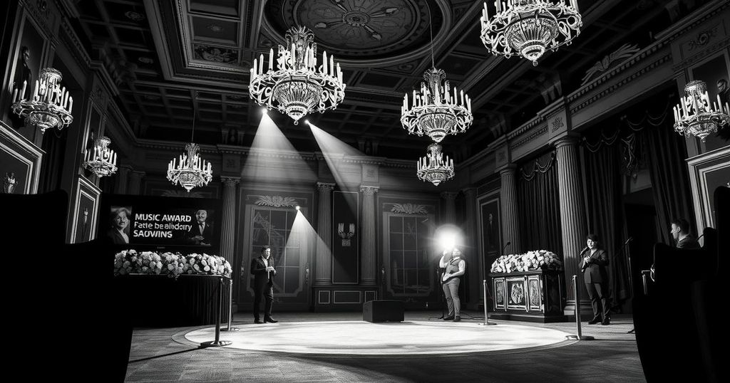 A dramatic black and white scene of a music award ceremony showcasing elegant decor and grandeur.