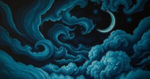 Dark, moody artwork depicting a stormy night sky under a crescent moon, symbolizing turmoil and secrecy in Hollywood.