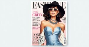 A Vogue magazine cover featuring a glamorous model in a chic outfit, surrounded by soft pastel colours.