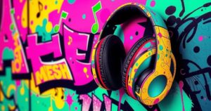 Vivid illustration of a dynamic rap music scene, showcasing vibrant colors and energetic visuals inspired by hip-hop culture.