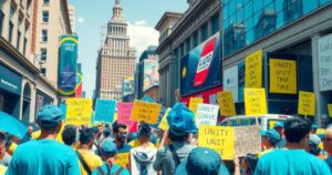 Vibrant street scene with protest signs under clear skies, showcasing unity and solidarity in a city setting.