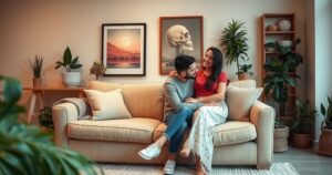 A serene couple's home with subtle decorations, symbolising warmth and commitment in a relationship.