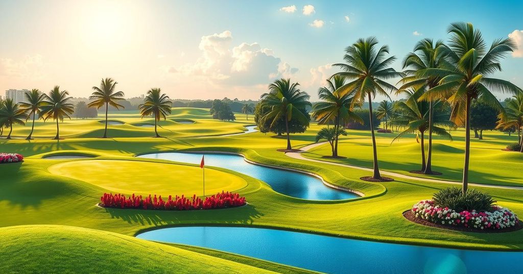 Selfie at a golf course with scenic views and friends enjoying a sunny day out.