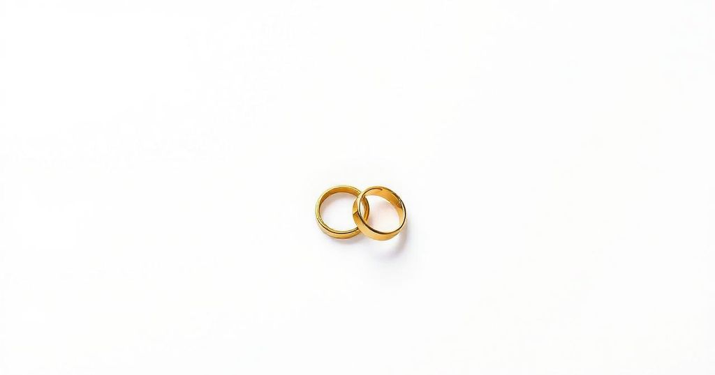 A stylised illustration depicting two separate wedding rings on a table, symbolising divorce and independence.