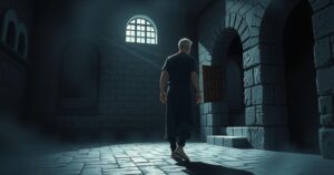 A tense prison scenario depicting confrontation and rivalry, using dark colours and a dramatic style.
