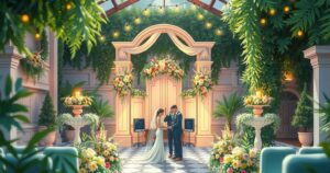 A romantic wedding scene at a beautiful venue, lush greenery, elegant decor, muted pastels, capturing love in a magical moment.