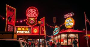 A warm and vibrant night scene of a lively rock and rodeo festival, featuring bright lights and festive decorations.