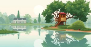 Serene estate with a lake, treehouse, and lush greenery reflecting a grounded family lifestyle.