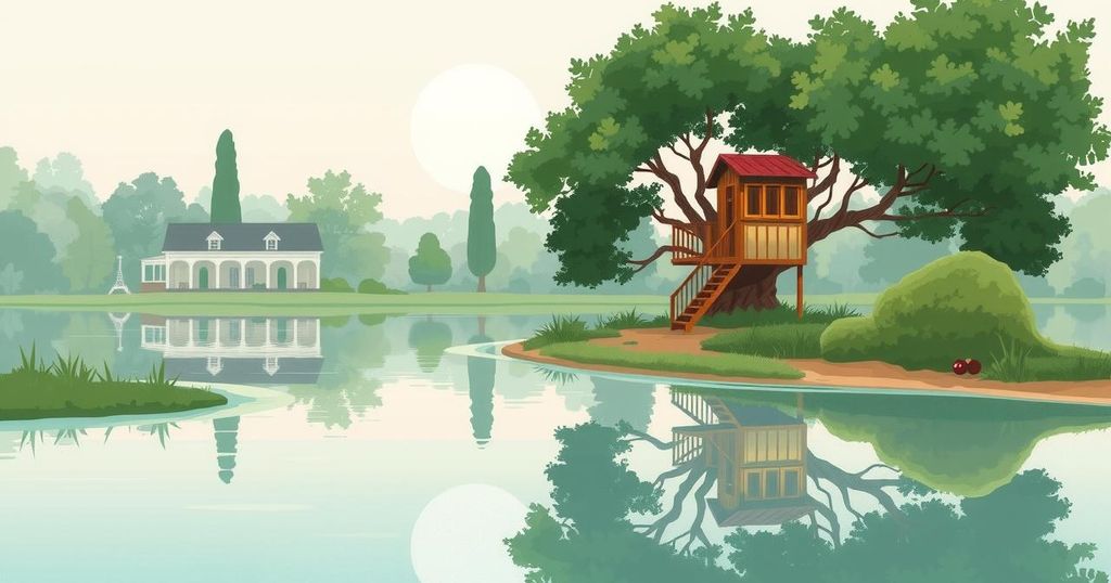 Serene estate with a lake, treehouse, and lush greenery reflecting a grounded family lifestyle.