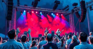 A vibrant concert scene with musicians passionately playing on stage, highlighting unity and the power of music.