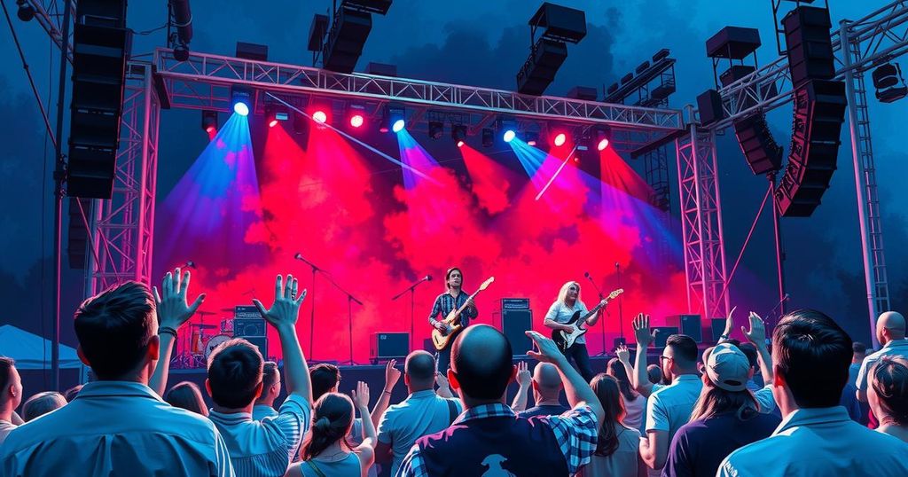 A vibrant concert scene with musicians passionately playing on stage, highlighting unity and the power of music.