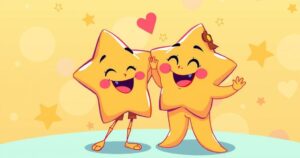 A vibrant art style rendition of two joyful stars sharing a moment, with warm colours enhancing their chemistry.