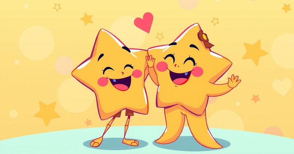 A vibrant art style rendition of two joyful stars sharing a moment, with warm colours enhancing their chemistry.