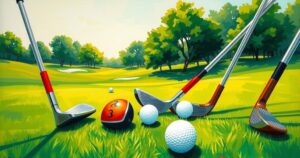 A vibrant golf scene with a sunny background, featuring golf clubs and balls, embodying friendship and fun in sport.