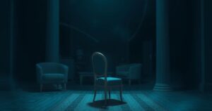 A tense, dimly lit room with an empty chair, symbolising conflict.