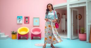 Katy Perry complimenting wedding fashion using pastel tones and pop art style.