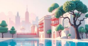 A serene cityscape with stylized backgrounds, featuring vibrant pastels and soft lighting, symbolising resilience and elegance.