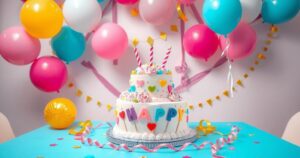 A celebration scene with a festive cake, vibrant balloons, and confetti, capturing joy and excitement.