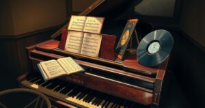 Vintage musical collaboration and betrayal with a piano, sheet music, and iconic vinyl records in a dimly lit room.