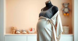 A baggy outfit on a mannequin, surrounded by baby-themed fashion accessories and soft pastel colours.