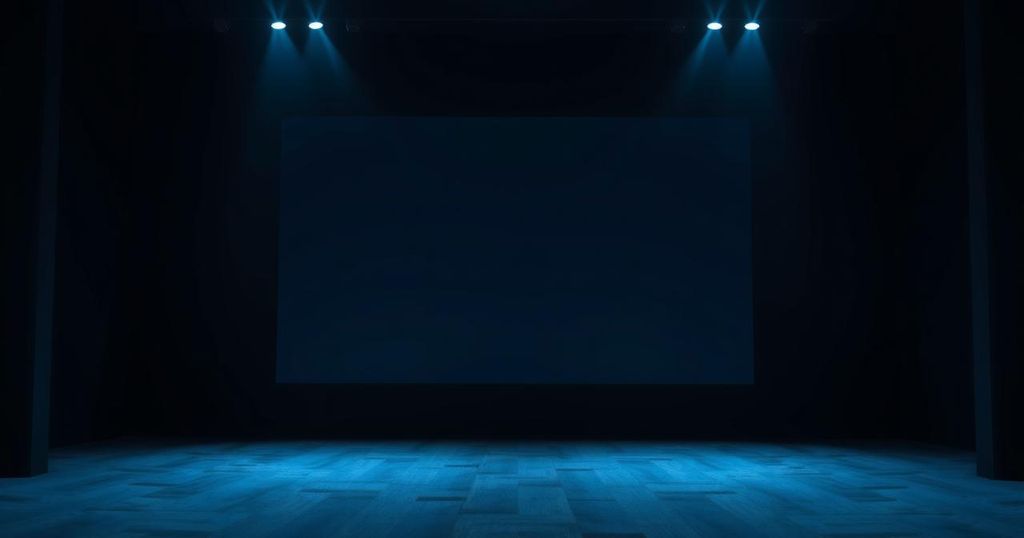 Silhouette of an empty cinema hall with dim lighting and a prominent screen, evoking a sense of unease.