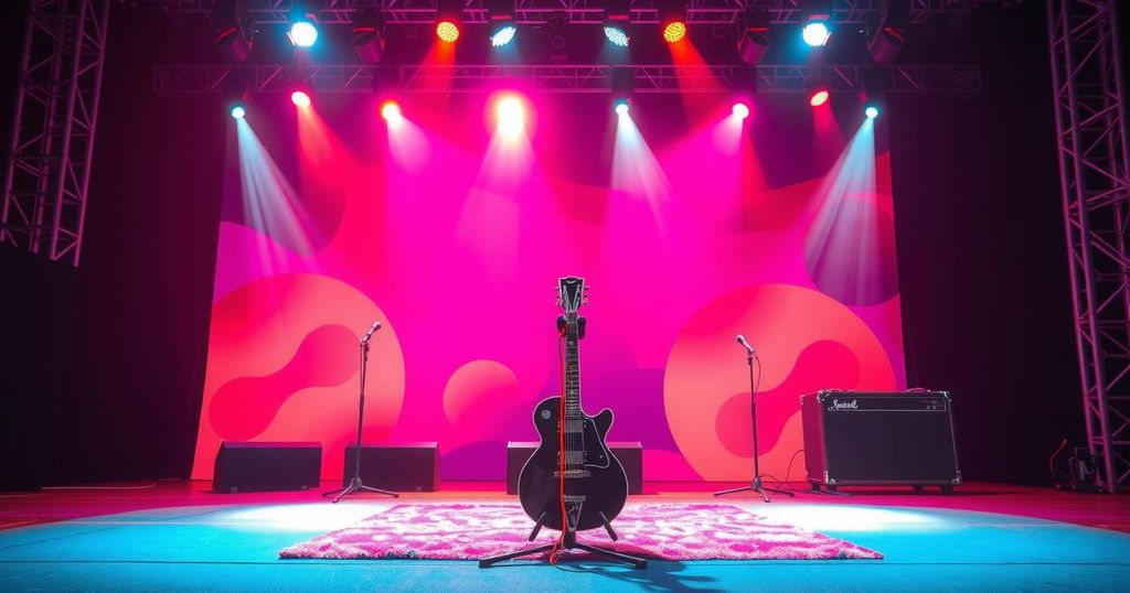 A vibrant stage with musical instruments and spotlight, symbolising empowerment and resilience after a tough breakup.