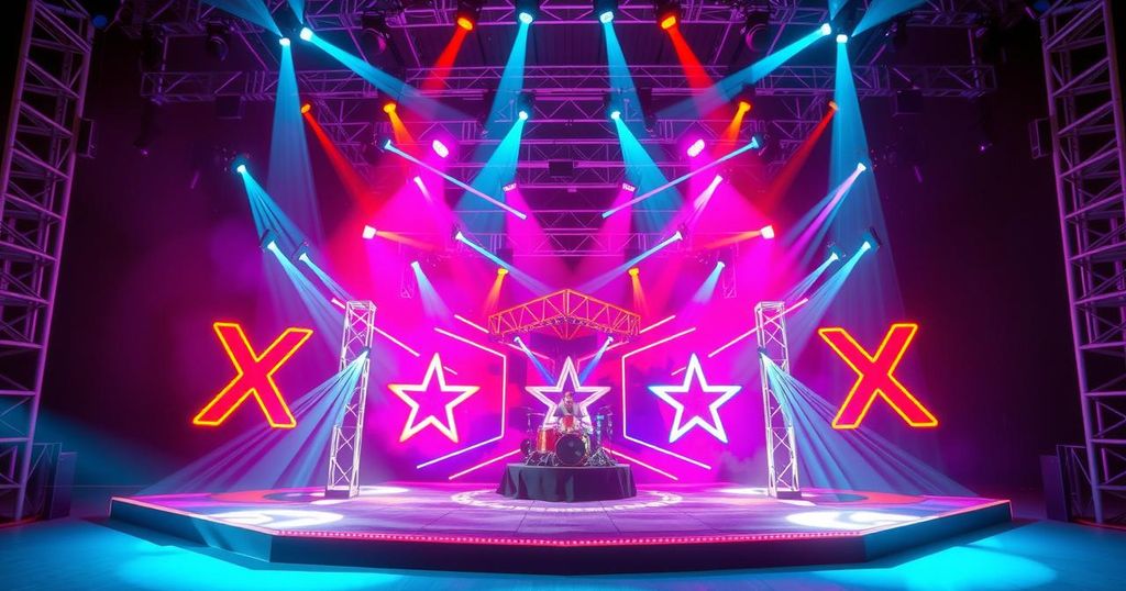 A vibrant stage at a music awards ceremony featuring bright lights and dynamic stage decorations.