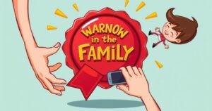 A joyful scene of a red badge with a playful prank theme, representing bonding and fun between family members.