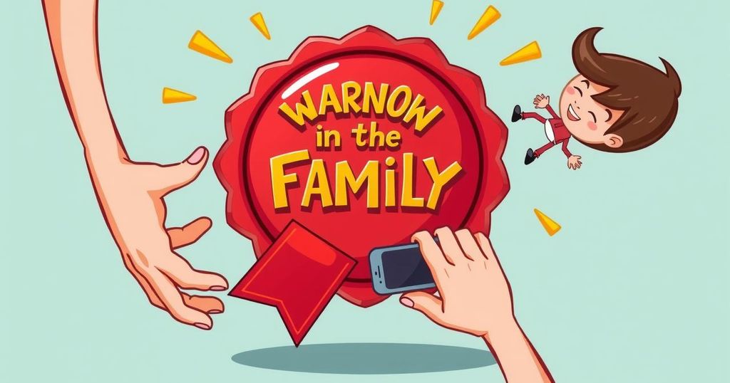 A joyful scene of a red badge with a playful prank theme, representing bonding and fun between family members.