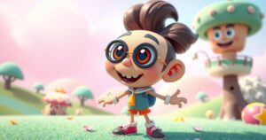 A vibrant digital art piece showcasing a whimsical character with cartoonish features, glowing colours, and playful animations.