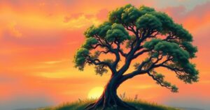 A scenic sunset with intertwined trees symbolizing enduring relationships and timeless love amongst nature.