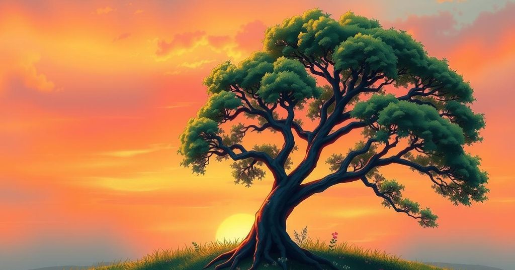 A scenic sunset with intertwined trees symbolizing enduring relationships and timeless love amongst nature.