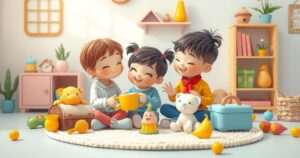 A serene family scene with two children interacting with toys, bright colours, and elements of playfulness.